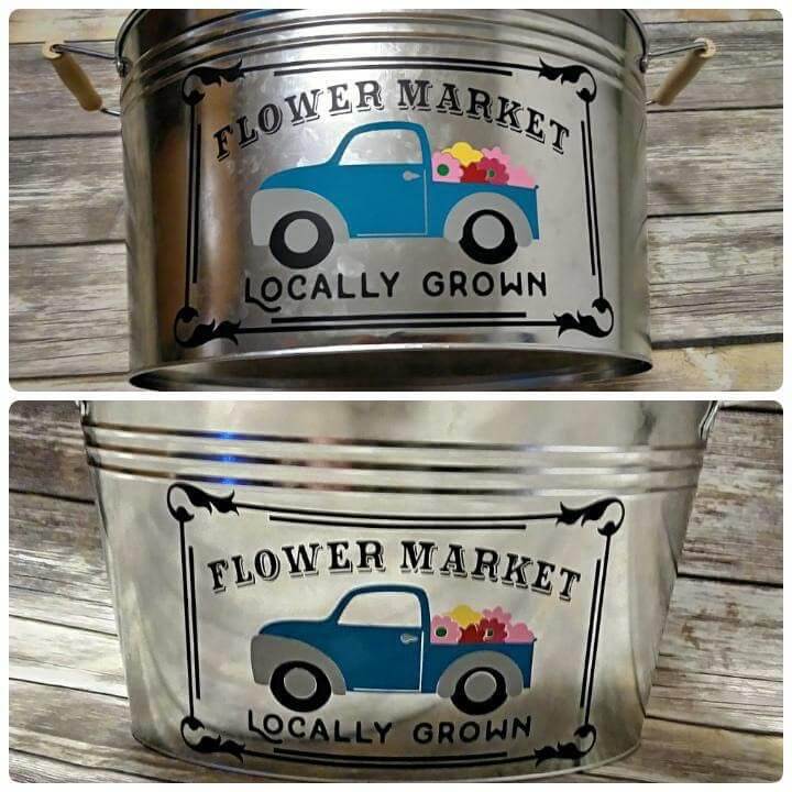 Aluminum bucket with custom cut decals and vinyl sticker design