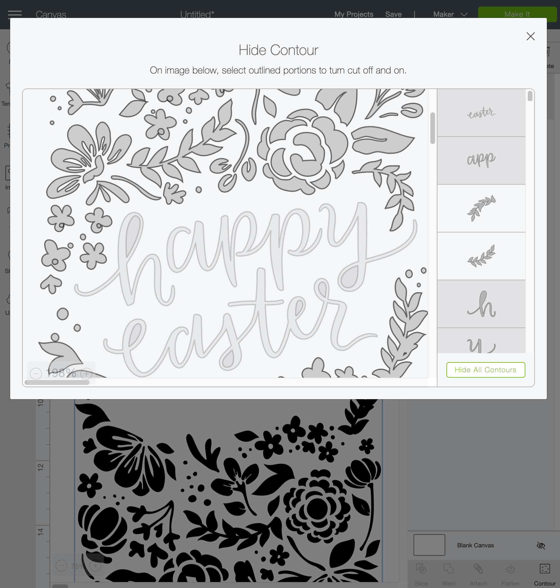 Screen shot in Cricut Design Space showing contour funtionality.