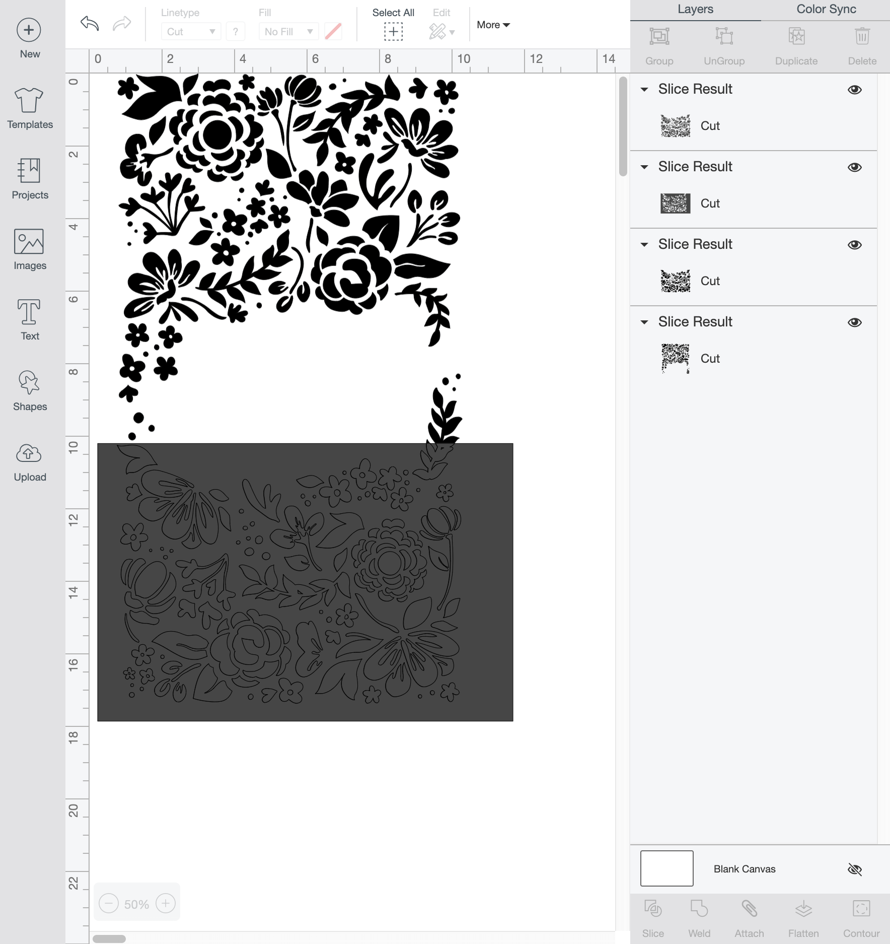 Screen shot of Cricut Design Space showing slice functionality.