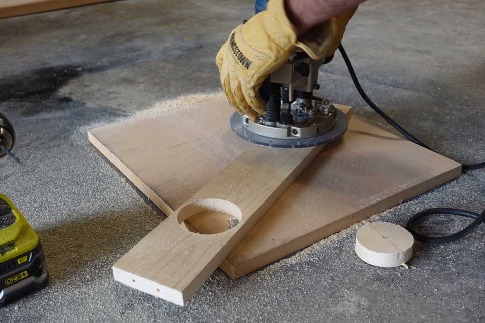 using the route plunger to make beverage holes for cornhole
