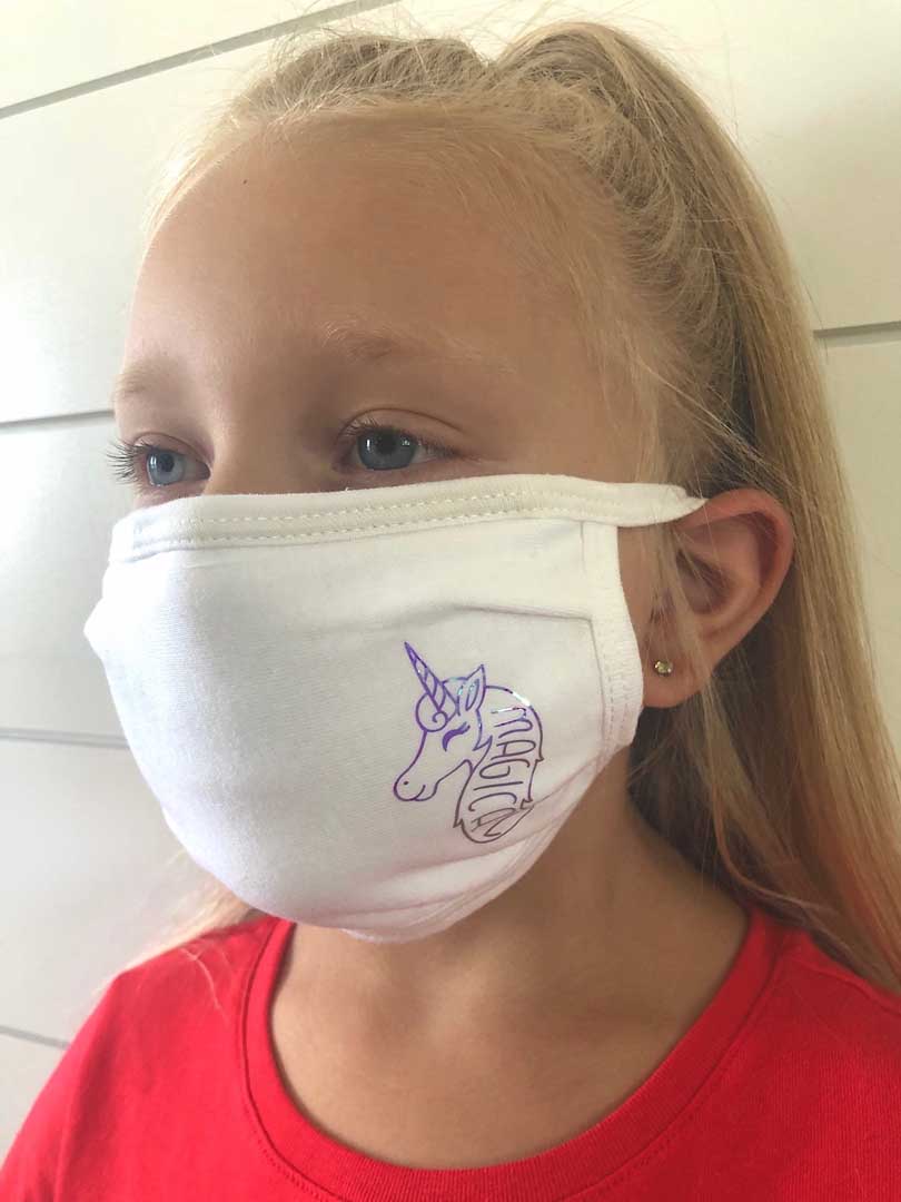 Unicorn face mask made with a Cricut machine and Smart Iron-On