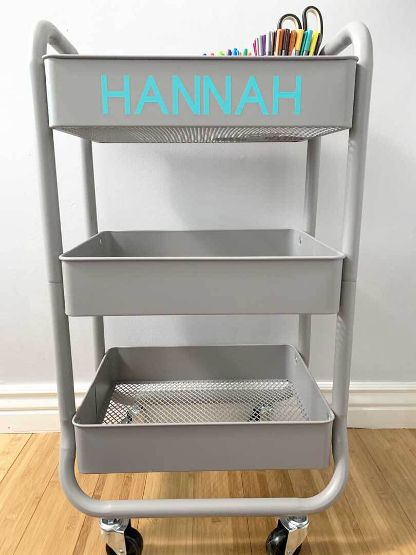 Personalized school-at-home cart using a Cricut machine and vinyl