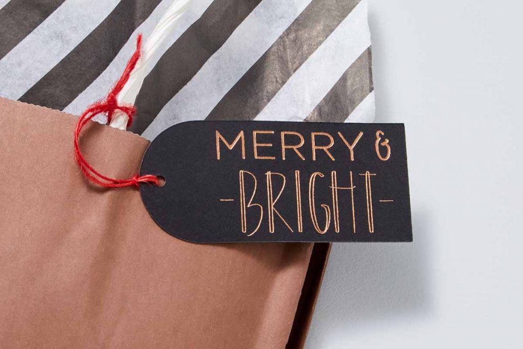 Merry and Bright Tag with foil accents created with a Cricut and the Cricut Foil Transfer Tool