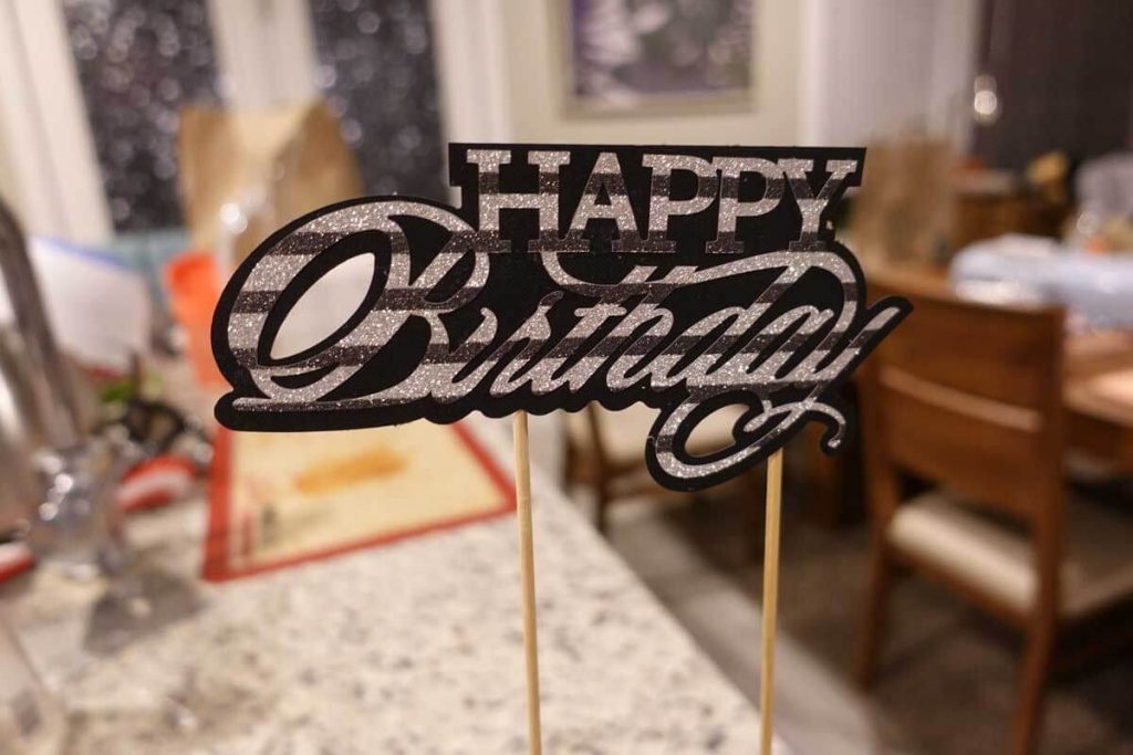 Black and white Happy Birthday cake topper