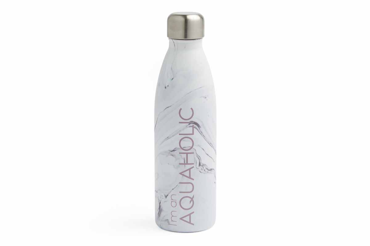 Water bottle with the phrase, "I'm an aquaholic."