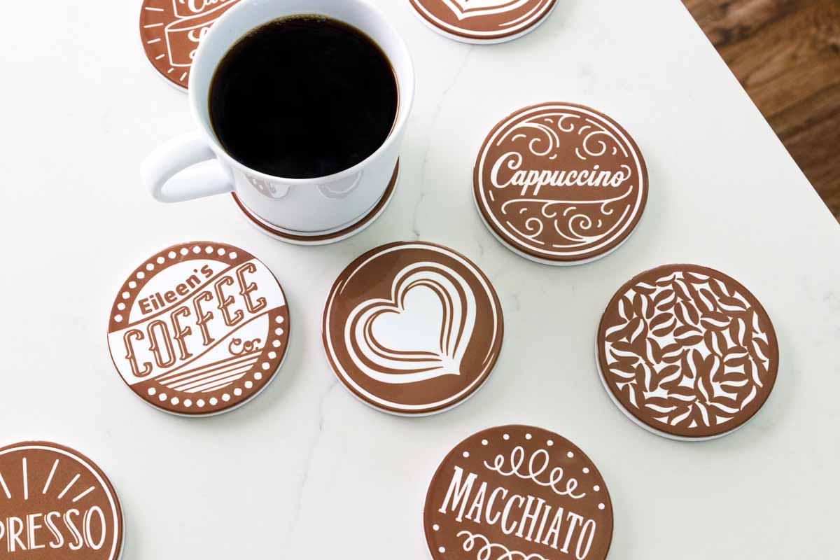 Set of coffee themed coasters.