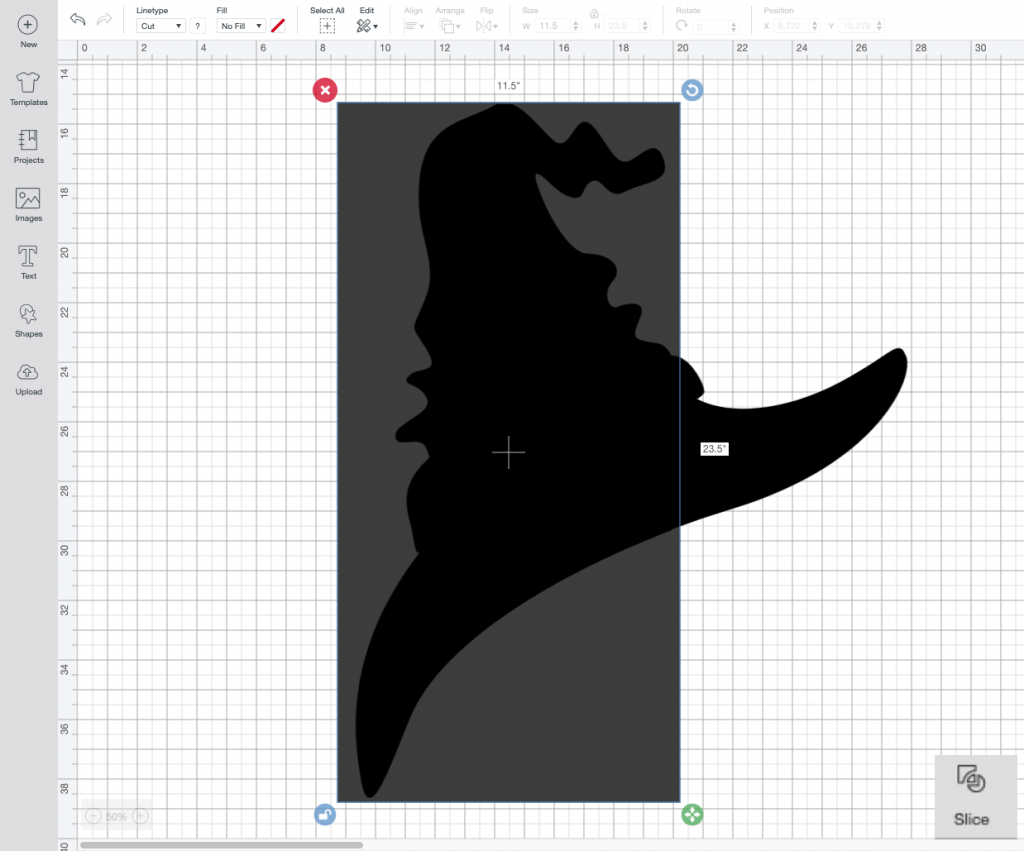 Slicing a witch hat in Cricut Design Space for a Halloween window vinyl silhouette scene