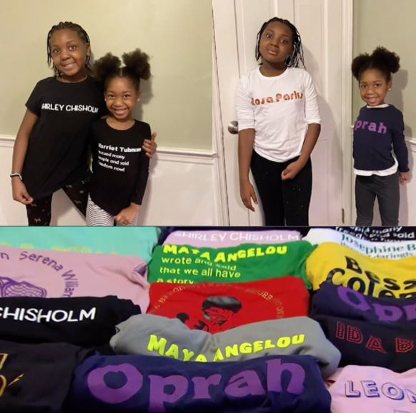 Celebrating women throughout Black History Month in T-shirts by mom Ernestine Jenkins