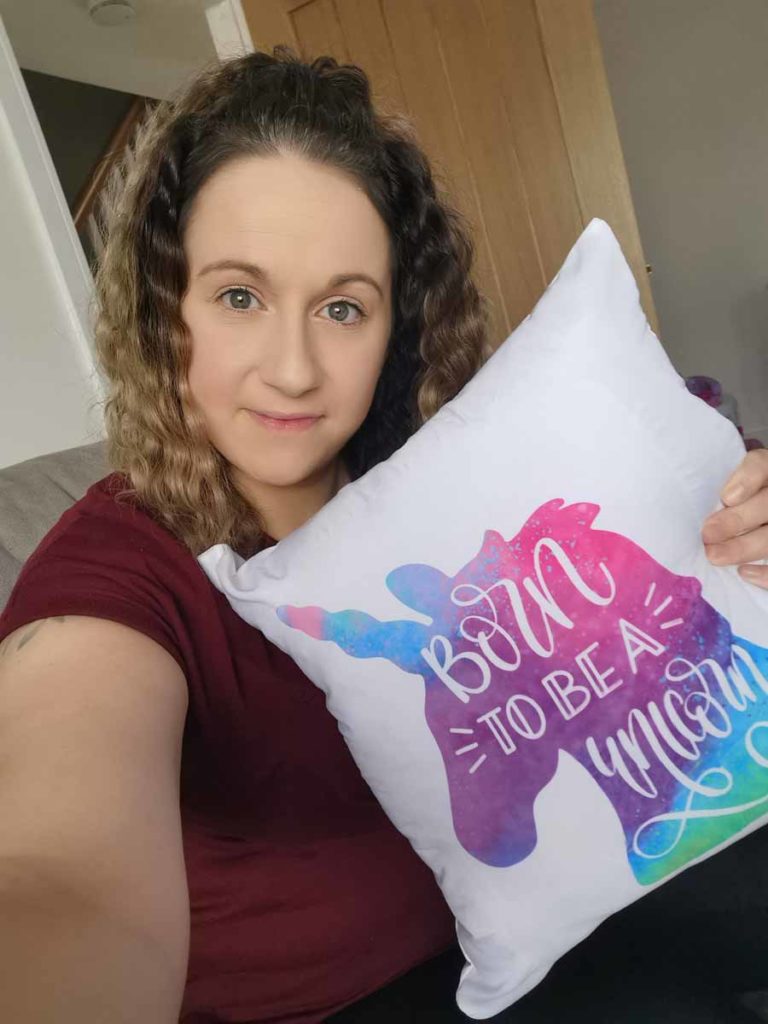 Lisa Johns with her #cricutmade unicorn cushion