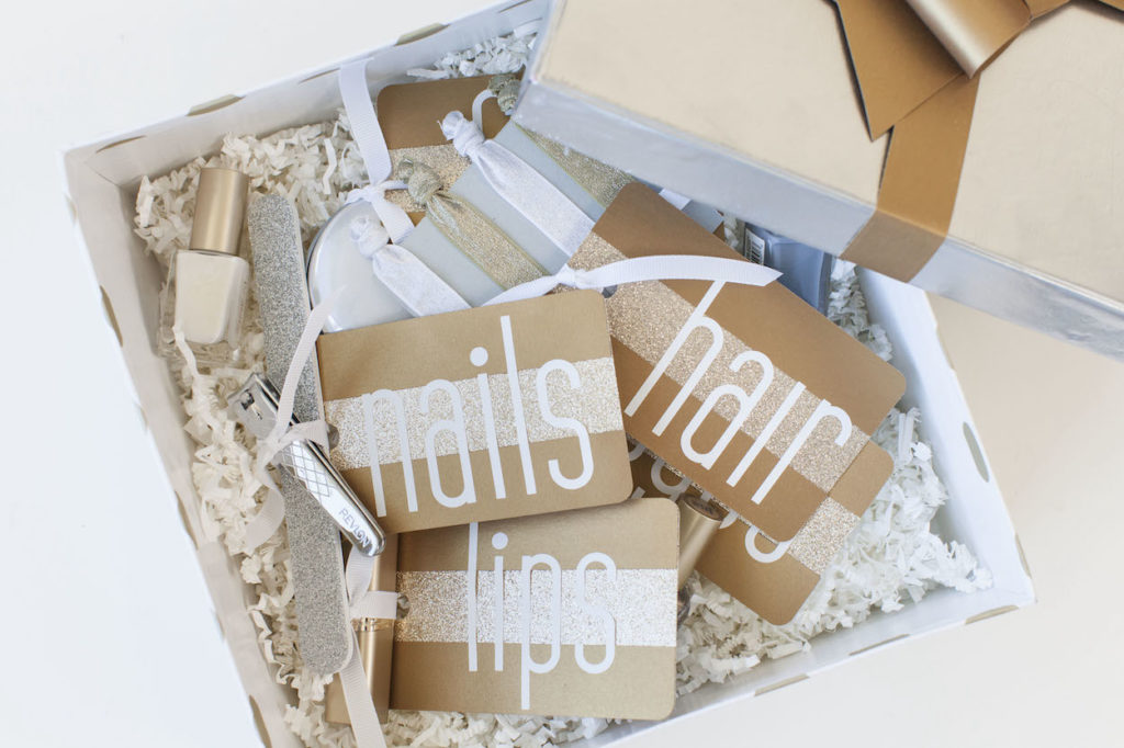 Gift box with labeled beauty tools