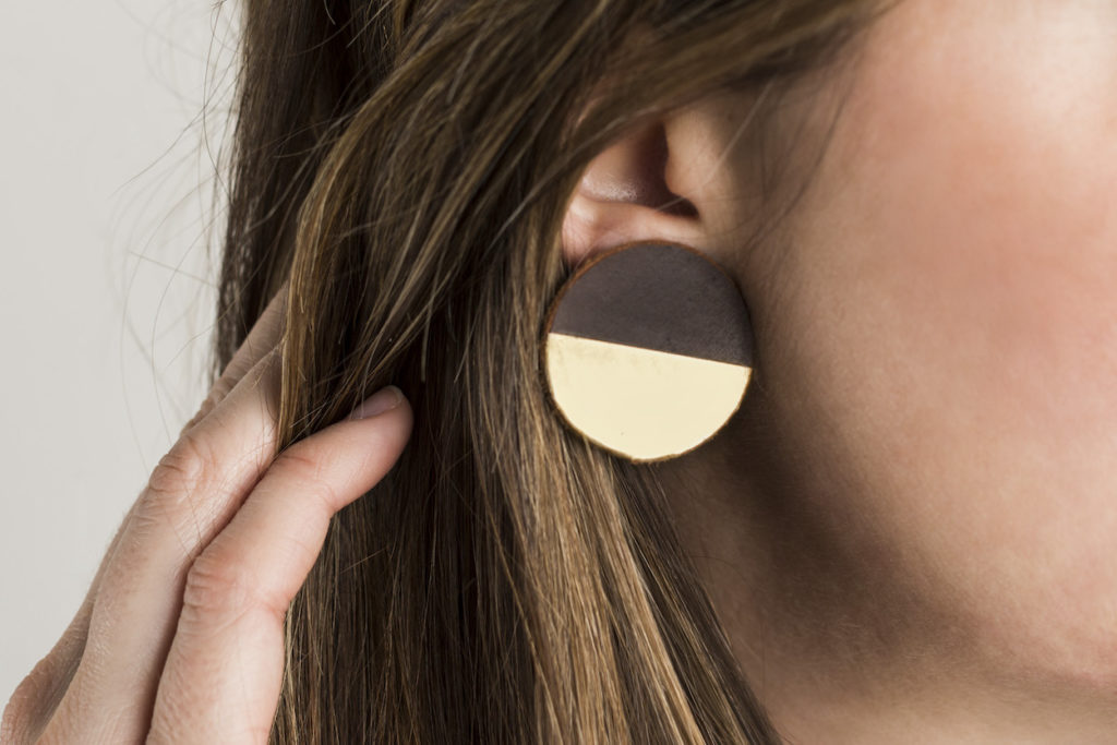 Leather disc earrings dipped in gold
