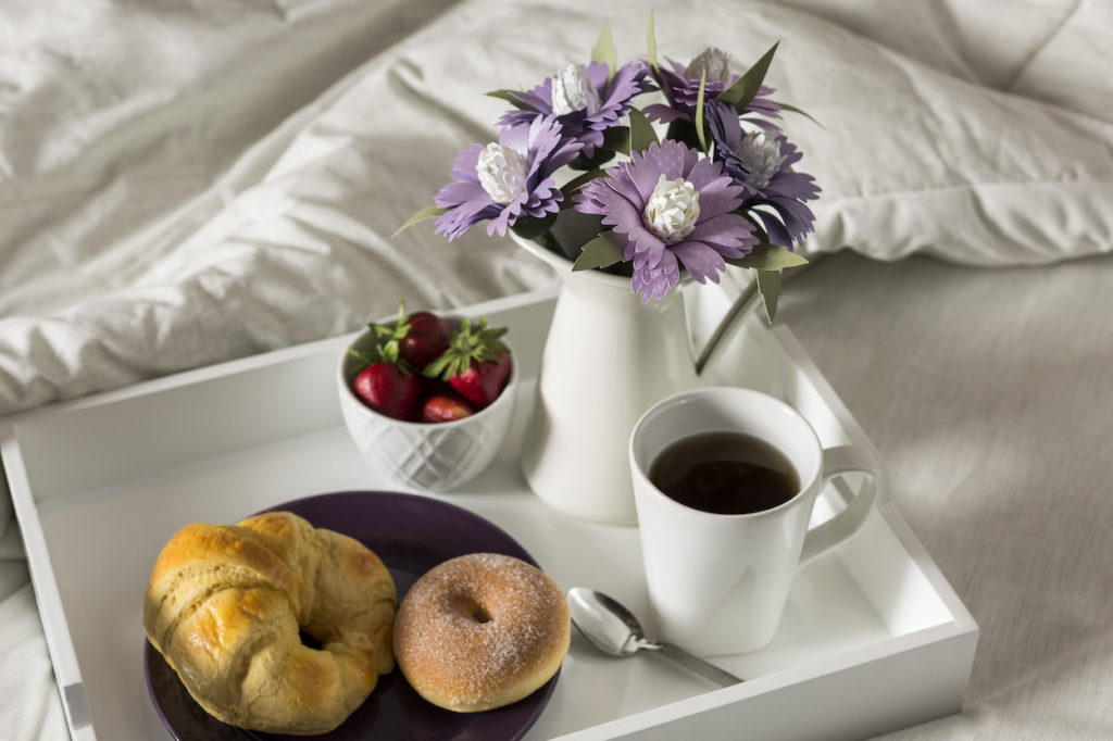 Breakfast tray on bed