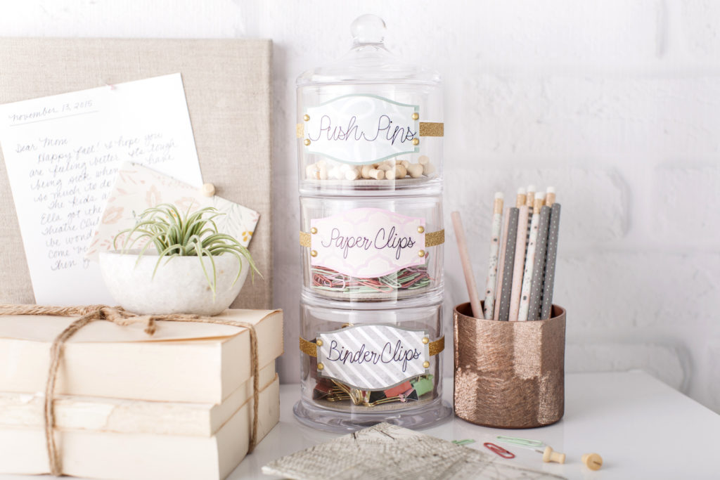 Home workspace organized desk with containers made with Cricut.