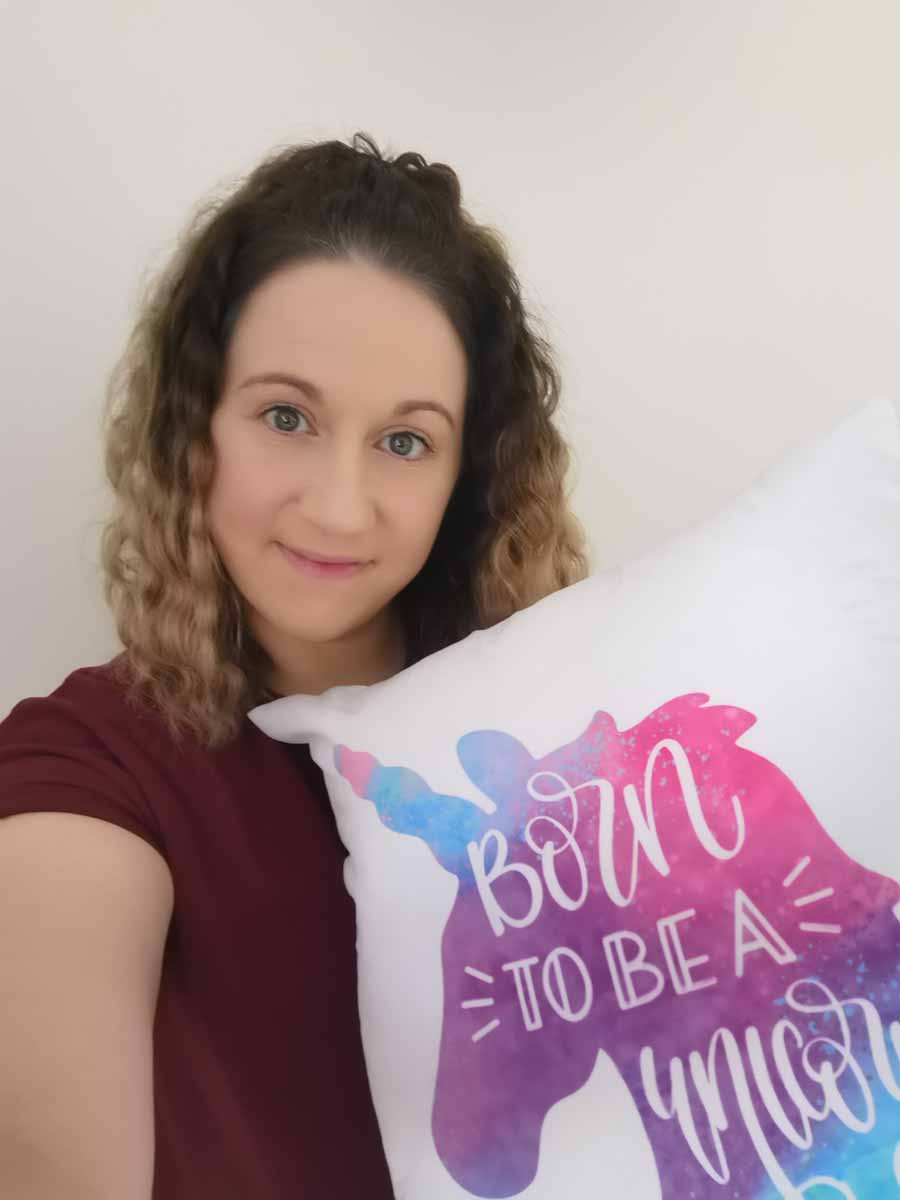 Lisa Johns with her #cricutmade unicorn cushion