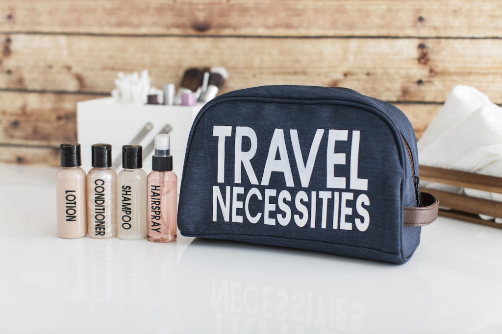 Travel necessities kit with travel-sized bottles for Mom.