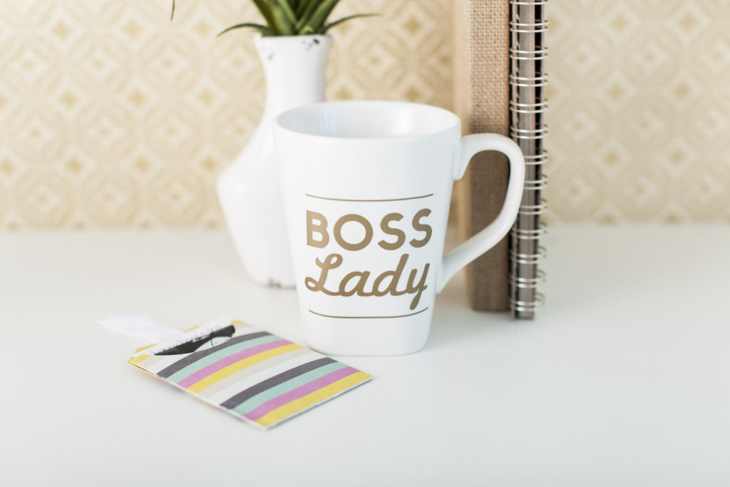 "Boss Lady" white mug on desk