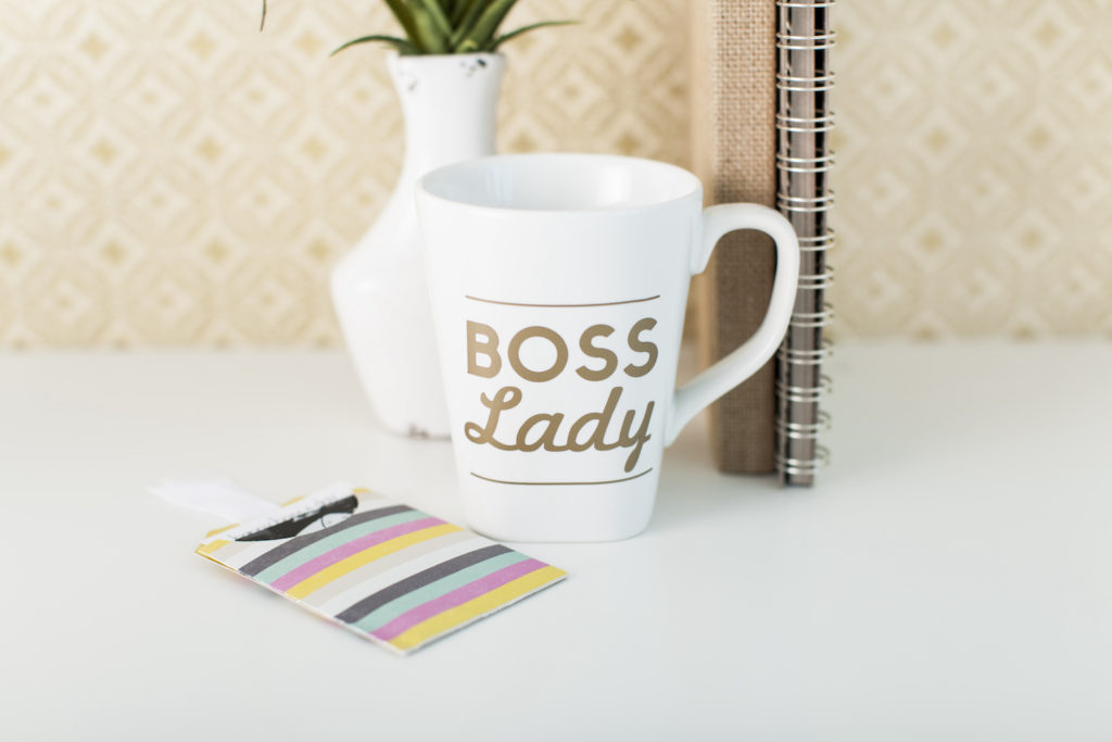 "Boss Lady" DIY Monogramed white coffee mug made with Cricut. 