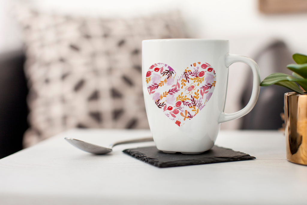 Coffee mug with floral patterned heart for Moms.