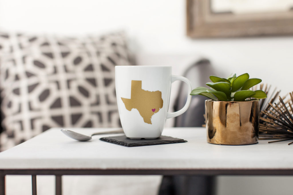 Custom coffee mug with state of Texas.