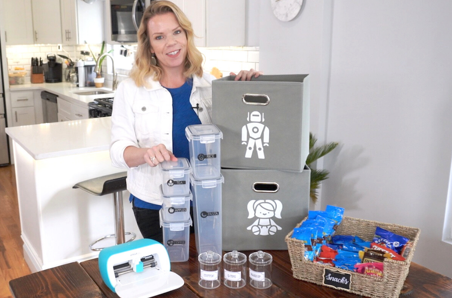 Cassandra Aarssen displays an array of labeled organization bins