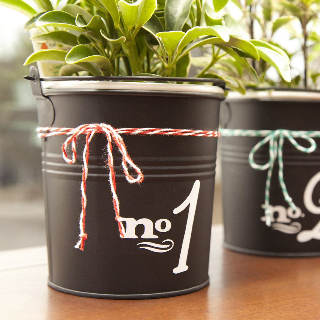 Ideas for potted patio plants. Numbered vinyl decal on potted plant.