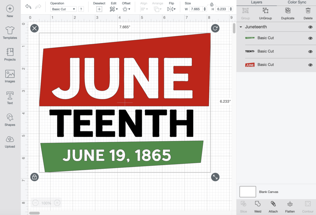 A large white, green, and red Juneteenth graphic sits in Cricut's Design Space platform