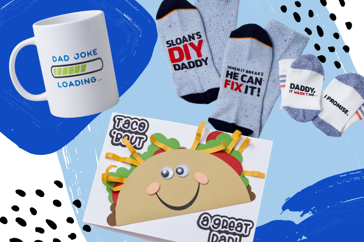 An array of handmade Father's Day gifts sits in a colorful background of blue.