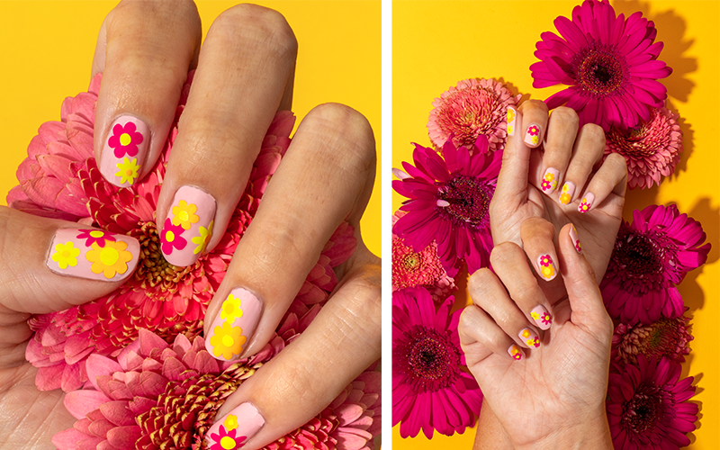 Flower Nail -Summer nails manicured with vinyl flower decals, inspired by a '70s design theme