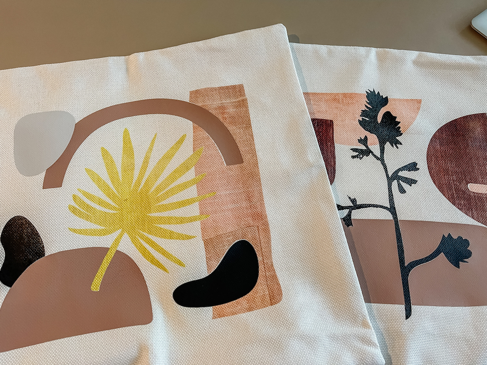 A close up of the organic modern pillow sham designs made with Cricut infusible ink 