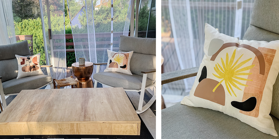 A close up of the patio scene and organic modern pillows created using Cricut infusible ink sheets