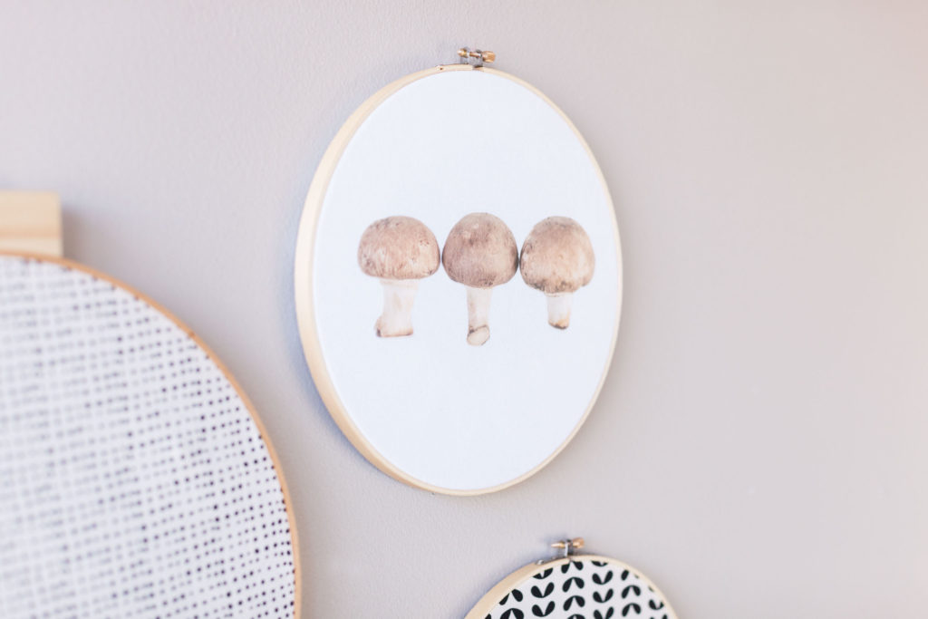 Organic Modern decor with mushrooms hanging on the wall.