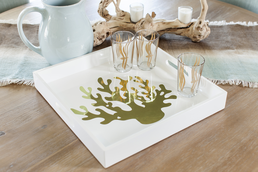 A white serving tray becomes metallic decor when embellished with a golden coral decal on the inside of the platter