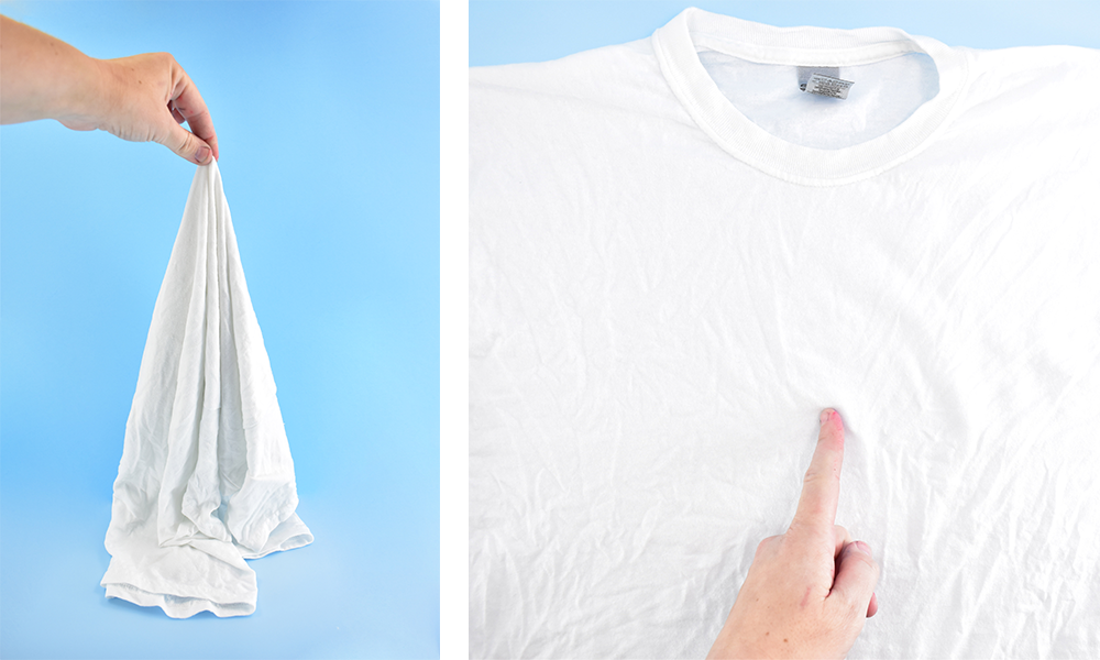 A white t-shirt is prepped for tie-dye 
