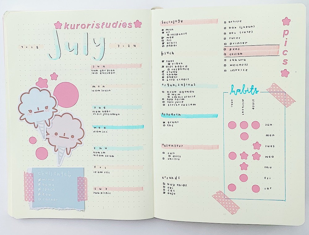 A notebook used for bullet journaling sits open on a white desk– it has pastel pink and blue stickers, tape, and writing