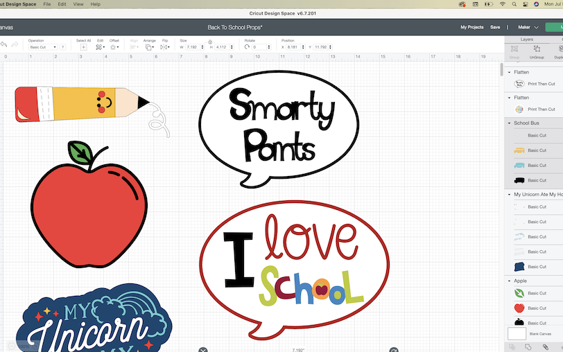 A screenshot of the Cricut Design Space software shows finalized designs for a back-to-school photoshoot prop 