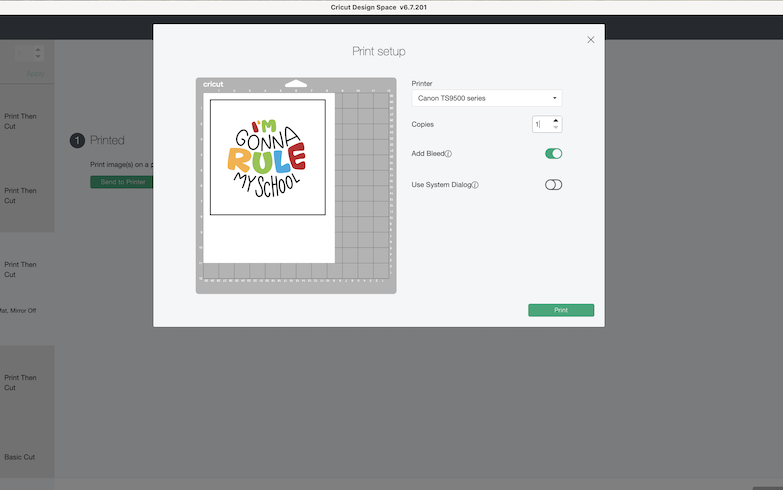 A screenshot of the Design Space software shows the layout of a print then cut back-to-school photoshoot prop 