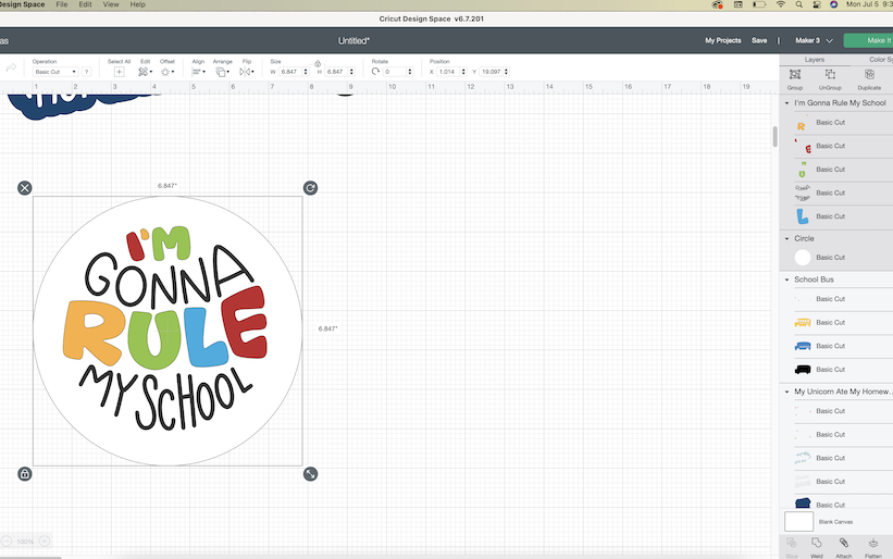 A screenshot of the Cricut Design Space software shows a word bubble being designed for a back-to-school photoshoot prop 