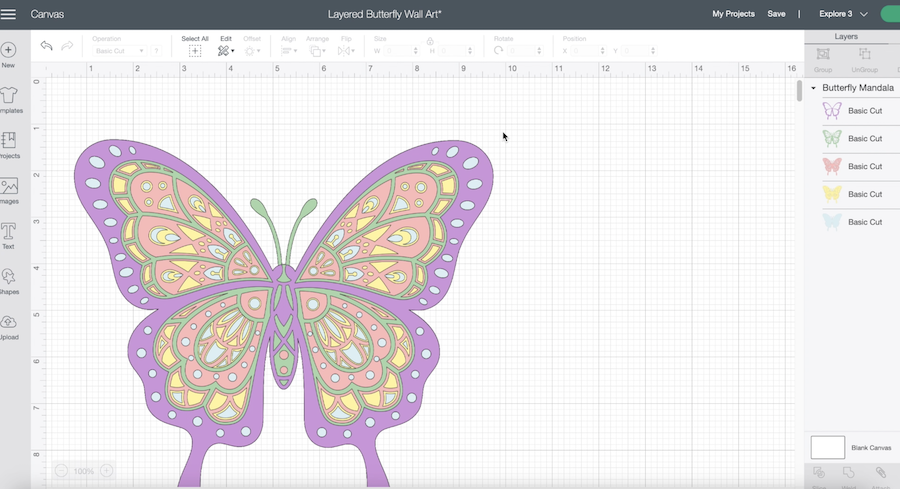 A screenshot of Cricut Design Space shows a butterfly design in pastel colors 