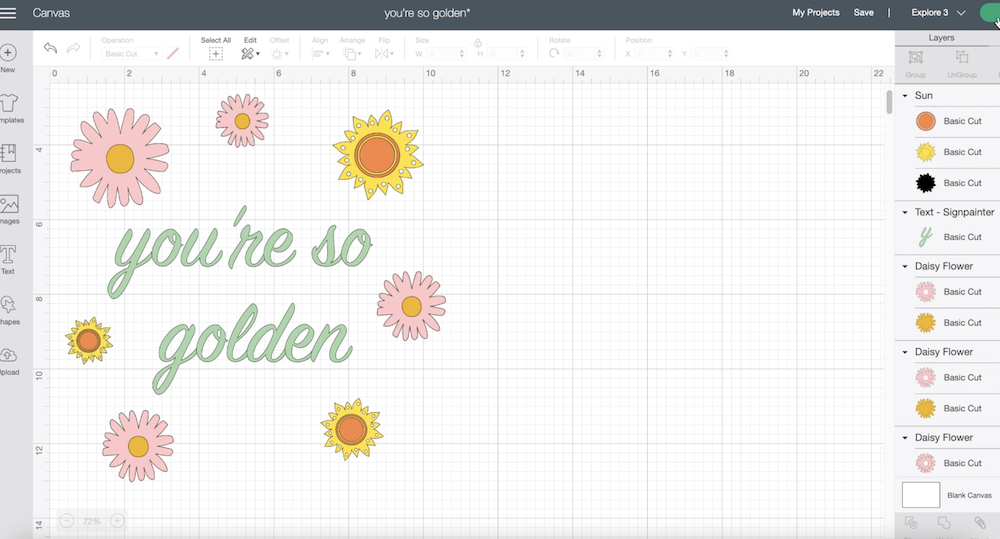 A screenshot of Cricut Design Space shows a design reading "you're so golden" in pastel colors 