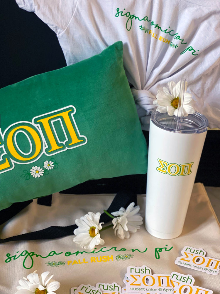 Rush week apparel and accessories customized for Sigma Omicron Pi