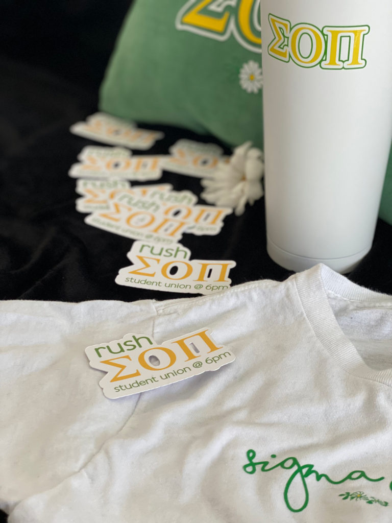 Items customized with Cricut for Sigma Omicron Pi sorority rush week