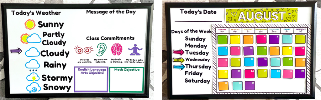 Two learning boards featuring back-to-school activities and sections sit side by side on a table