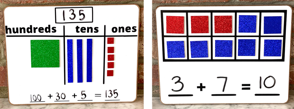 Two math learning boards for back-to-school season feature addition activities 