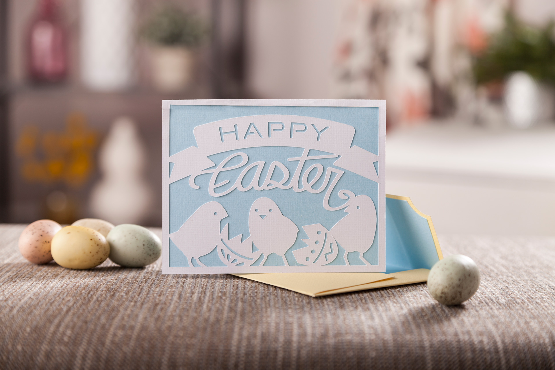 Blue and White Happy Easter Card cut by Cricut