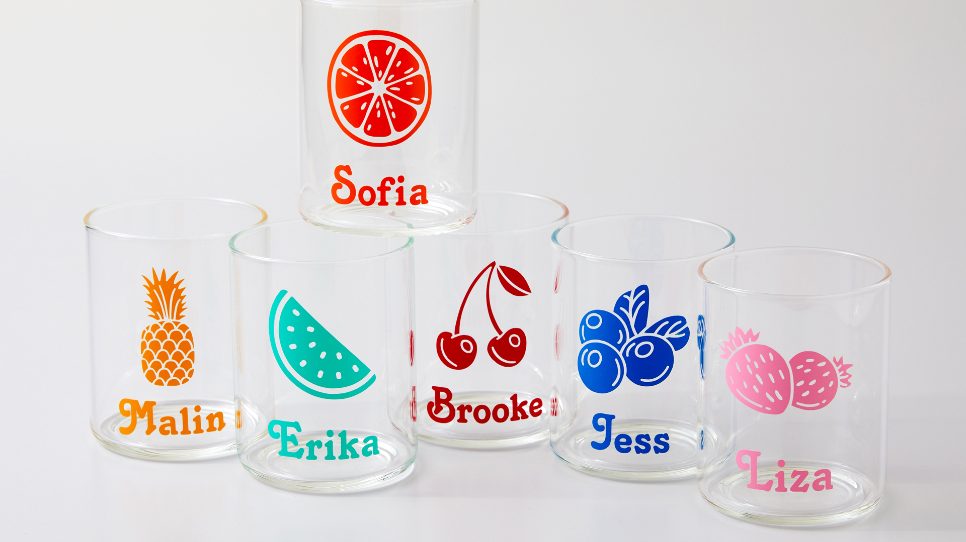Personalized glassware created with a Cricut machine, set of six glasses